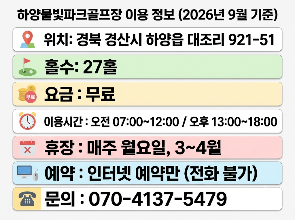 경북 경산 하양물빛파크골프장 이용 정보 인포그래픽